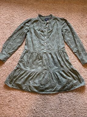 GAP Olive Eyelet Tiered Button-Front Dress